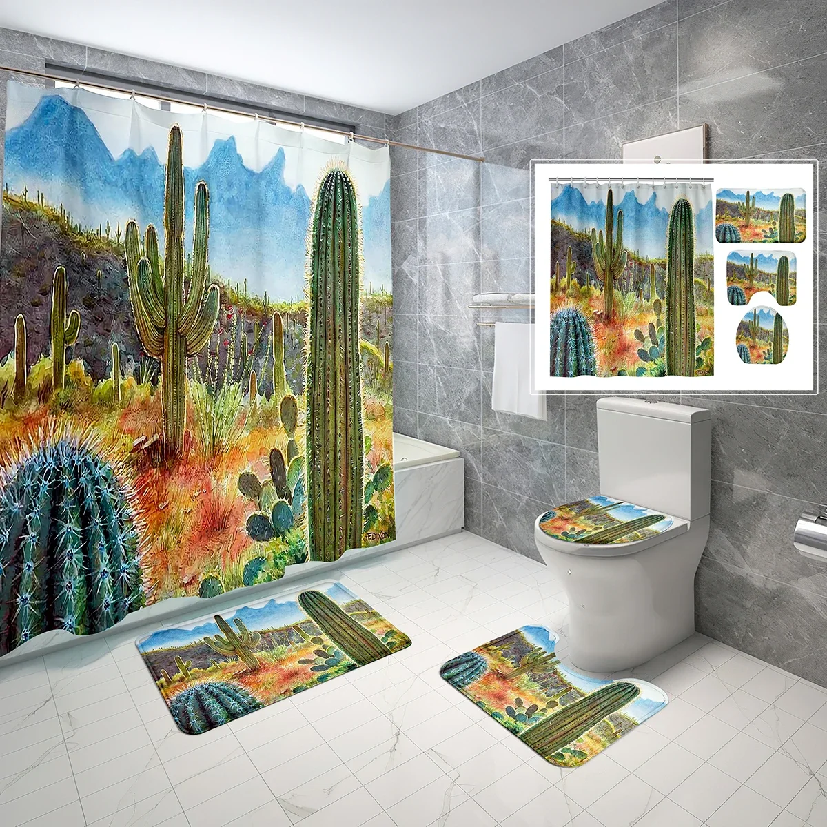 

4-Piece Set Cactus Shower Curtain,Nature Succulent Plant Rustic Green Waterproof Bath Curtain,Non-Slip Bath Mat Toilet Cover Set