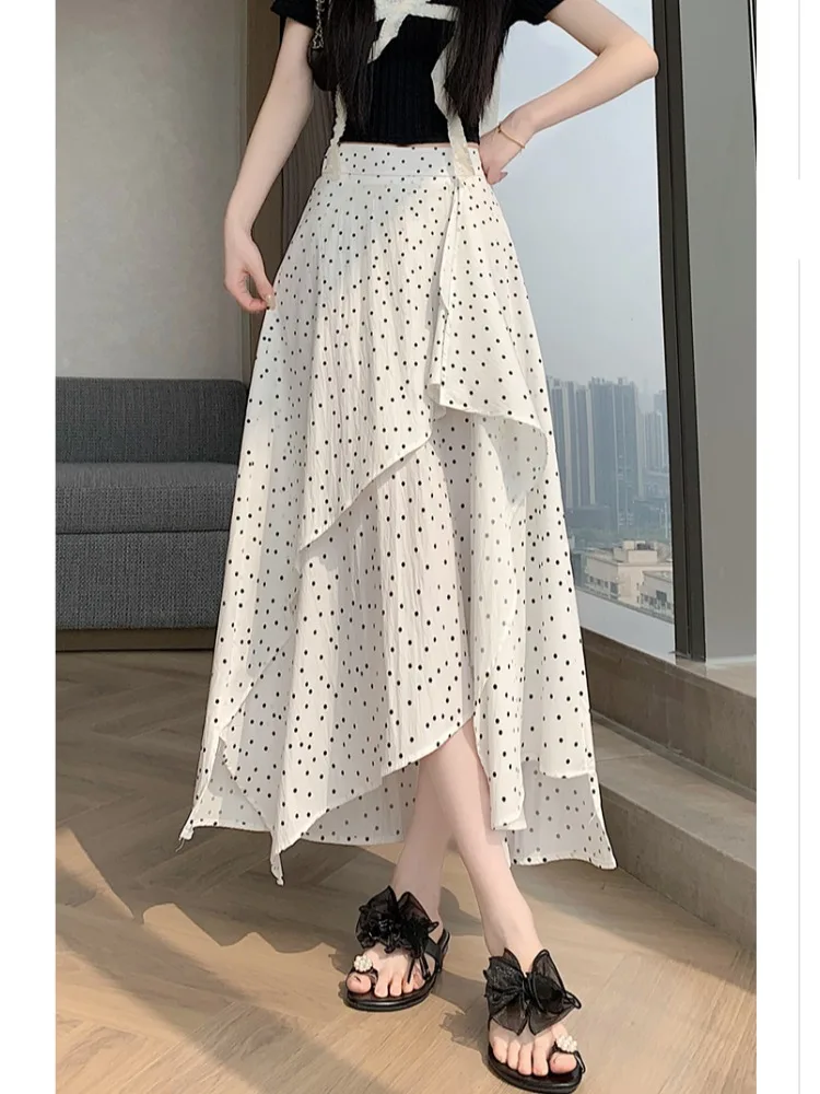 

Милая длинная юбка А-силуэта в горошек с асимметричным подолом и оборками, с завышенной талией, стройнящая, женская, летняя, в корейском стиле, сексуальная, мягкая, удобная