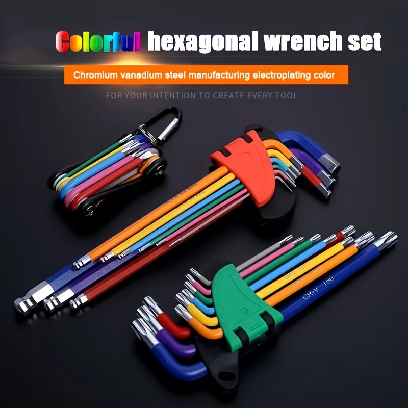 Color Hexagonal Wrench Set Of 9pcs Set Of 6-angle Hexagonal Lens Alloy Steel Ball Head Plum Blossom Rice short version Folding M