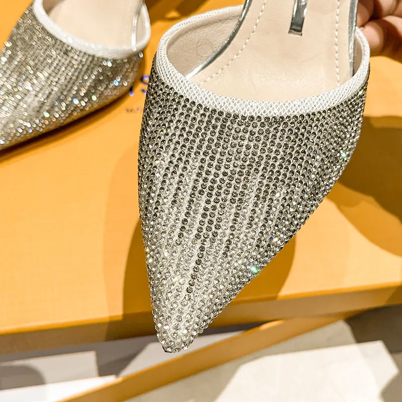 Women Pumps Office Career Summer Sequined Cloth 6CM Thin High Heels Pointed Toe Buckle Strap Shallow Solid Woman Shoes silvery