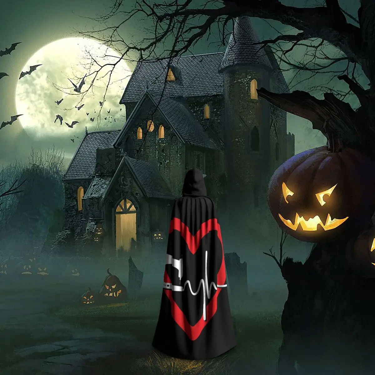 Quilting Heartbeat Long Hooded Cloak Witch Medieval Costume Cosplay Cape HalloweenParty Adult Unisex