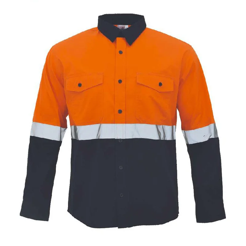 Reflective Shirt for Work Long Sleeve Safety Shirts for Men 100% Cotton Orange Navy Shirt Construction Shirt Hi Vis Work Shirt