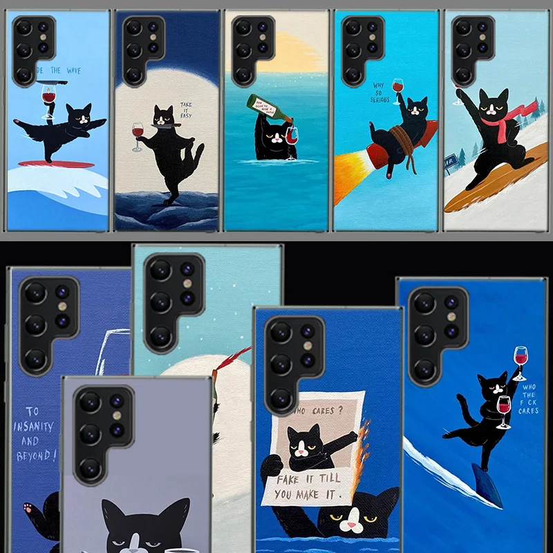 Cute Cat Funny Wine Art Capa Phone Case For Samsung S26 Ultra S25 Edge Galaxy S23 S21 S20 S24 FE S22 S10 Plus Cover Clear TPU Sh