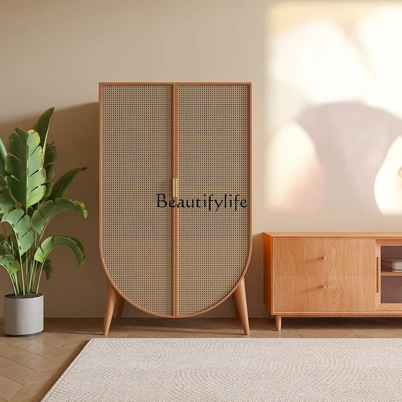 

FG17Nordic simple solid wood rattan living room against the wall floor cabinet Japanese log style