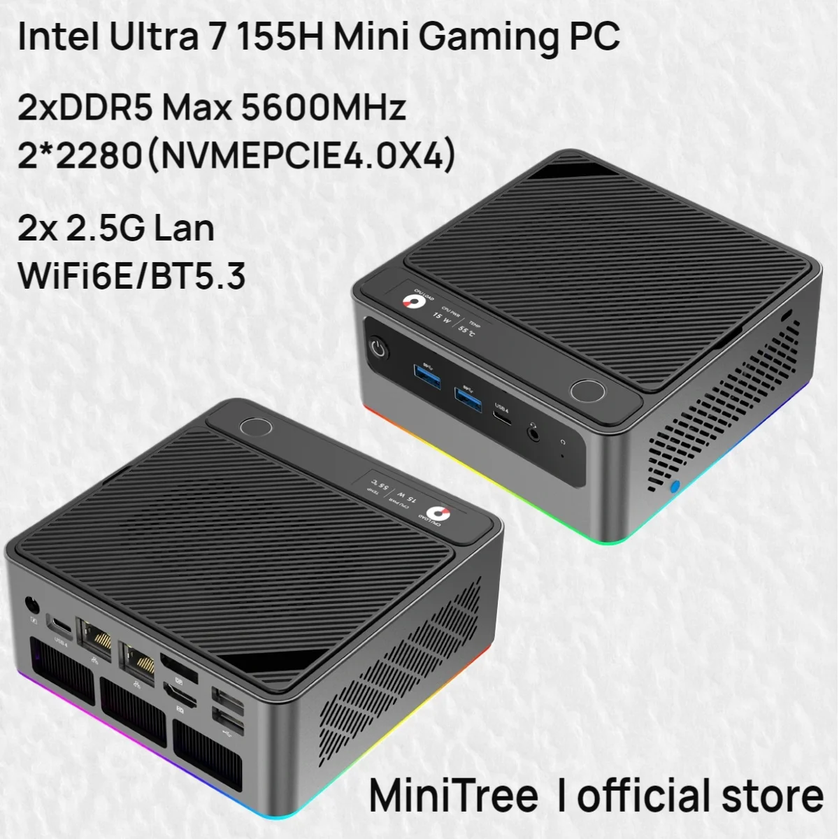 Intel Ultra 7 155H Mini Gaming PC 16Cores DDR5 5600MHz PCle4.0 Office Gamer Desktop AI Mini Computer 4-Screen Displays Dual 2.5G