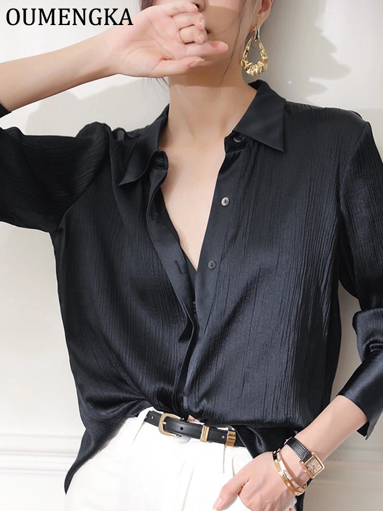 Camisas transparentes holgadas informales para mujer, blusa de gasa arrugada de manga larga con solapa de verano, ropa de calle, camisas negras para mujer