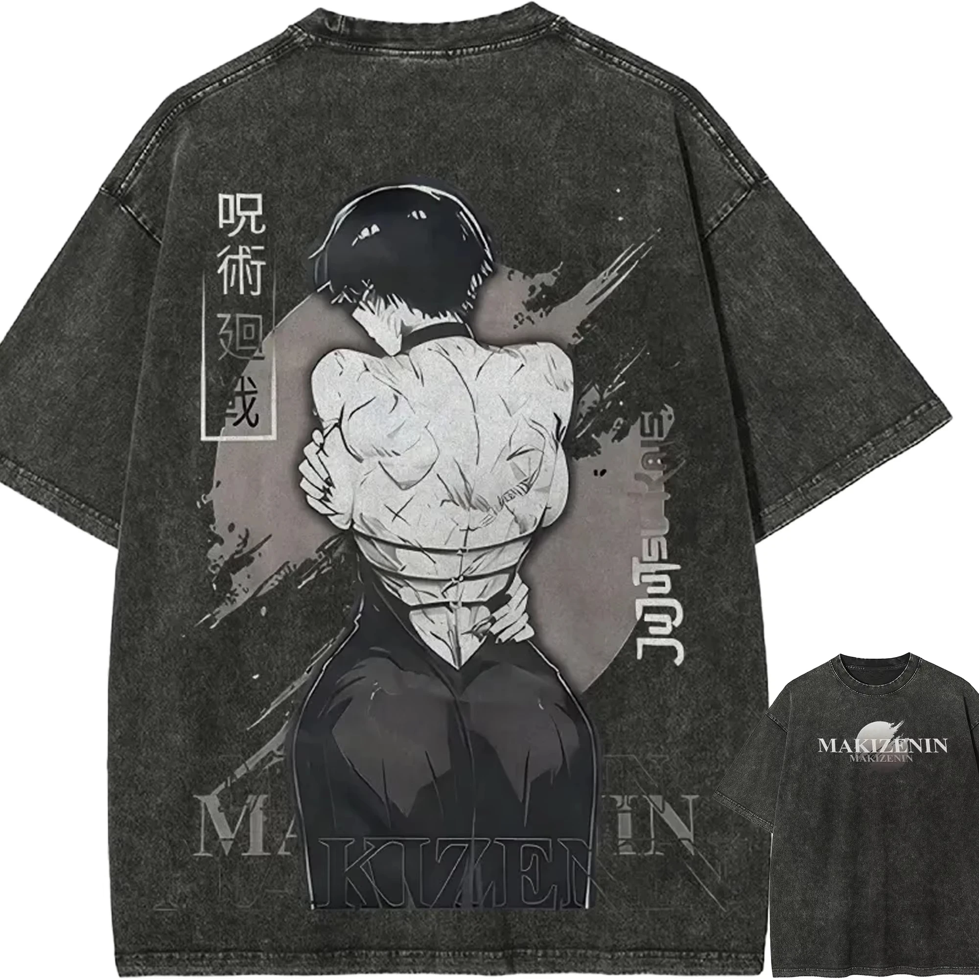 Maki Zenin T Shirt Jujutsu Kaisen Men Acid Wash Toji Soul Awakened Anime Streetwear Zenin Clan Back Scar Tee view 2