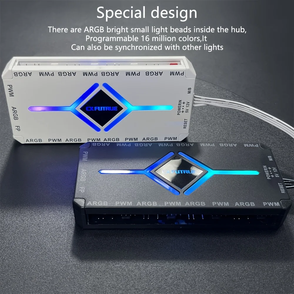 Magnetic 2-in-1 9+9 Ports ARGB PWM Fan Hub with Remote, Built-in ARGB Light PC Controller (Black/White, Battery Not Included)