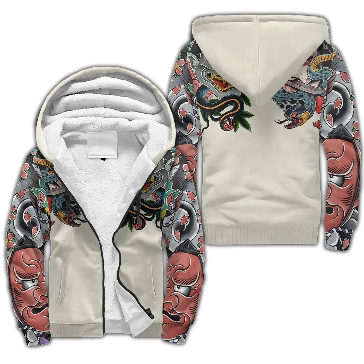 

Fashion plush hoodie Samurai Dragon tattoo pattern 3D printed winter thick zippered hoodie Unisex casual warm wool hooded jacket