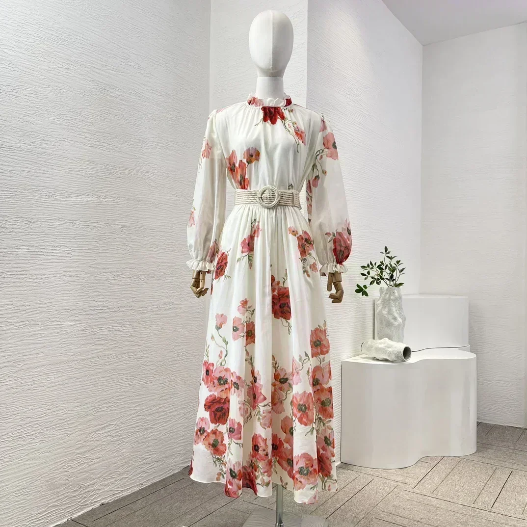 Elegant 2024 Women Ivory White Rose Red Flower Print Long Ruched Flouncing Collar Sleeve Blouse Tops and Skirt Set for Holiday