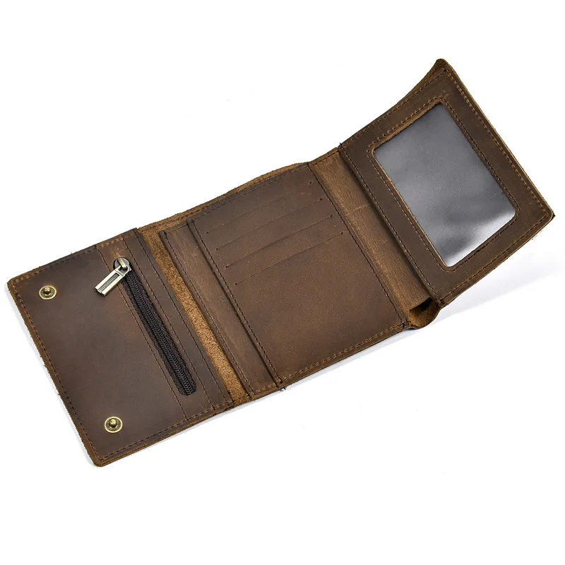 Hot Sale Men Crazy Horse Leather Trifold Wallet, Genuine Cowhide Vintage Short Purse Casual Coin Card Cash Holder