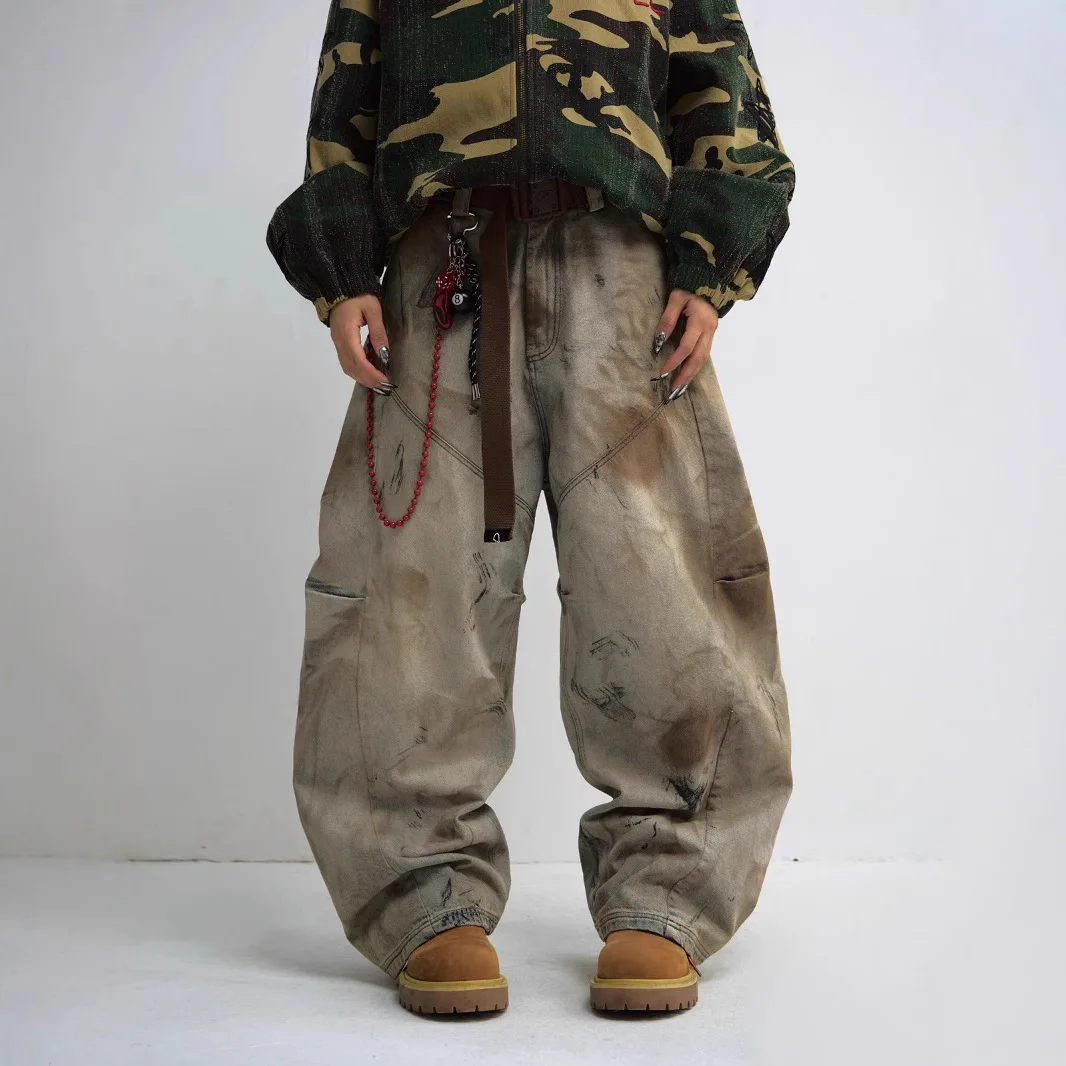 Washed And Old Design Jeans, Gender-free Heavy Industry, Dirty Wash Wide-leg Loose Scimitar Pants 2025