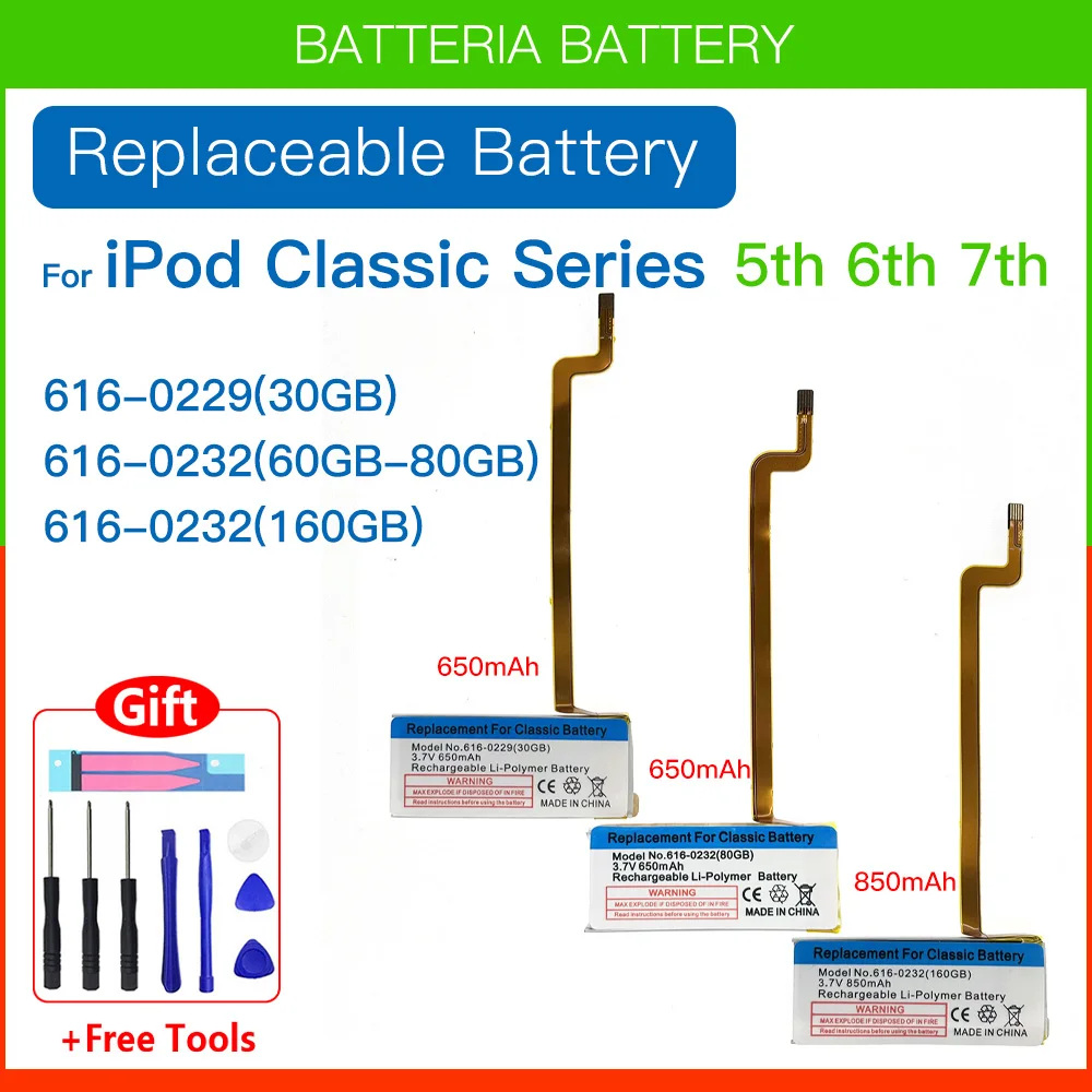 Brand new 650mAh A1036 A1136 Battery For IPod Classic Gen 5 5.5 Video 30GB 616-0229 6TH 7TH 60GB 80GB Thin 160GB battery+Tools