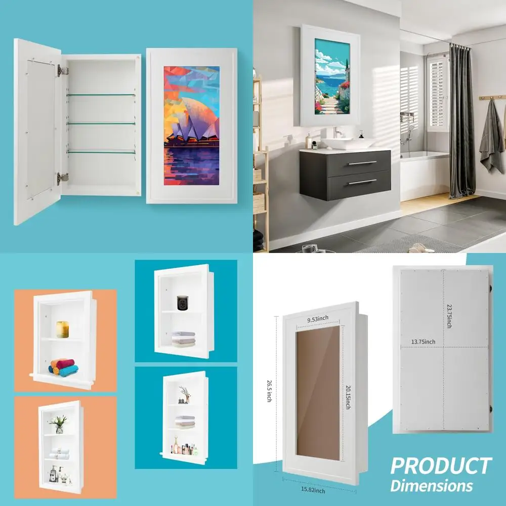 Concealed Medicine Cabinet 14×24 Recessed, Picture Frame Medicine Cabinet, Farmhouse White Wood Frame, 3 Shelves, 100% Handmade,
