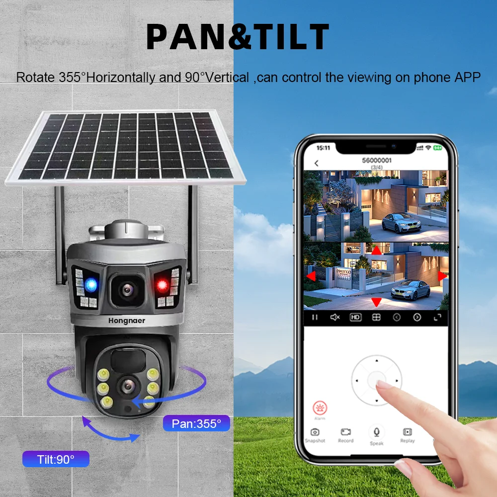 Hongnaer 8MP 4K Smart Solar Panel Powered Wireless WiFi PTZ IP V380 Pro Dual Lens WiFi Outdoor CCTV Solar Security Camera
