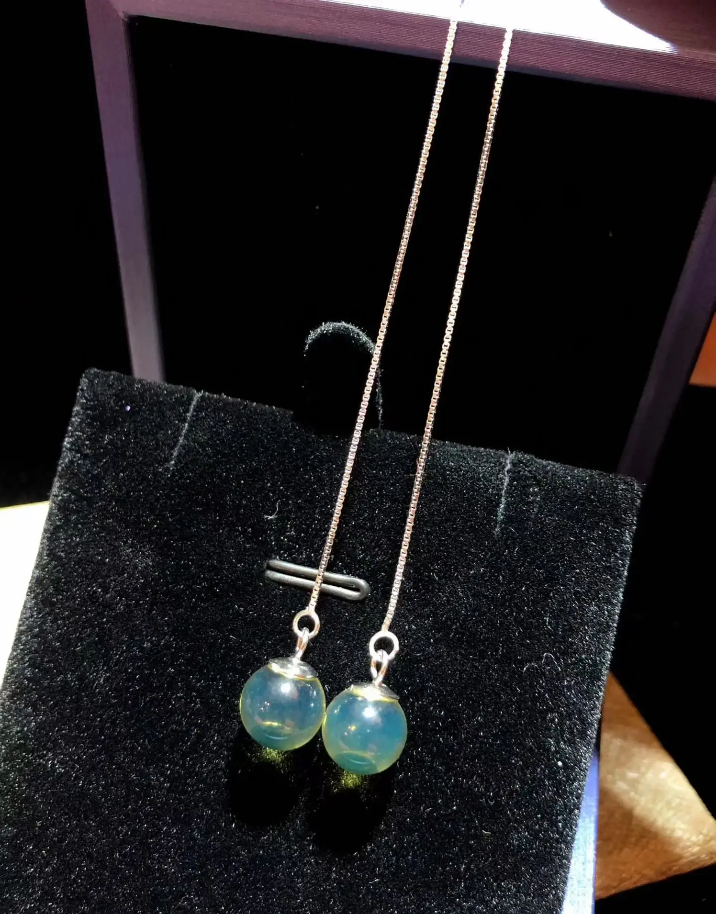 

Certificate S925 Silver Natural Mexican Blue Amber Ear Threader Long Tassel Real Gemstone Fine Earring For Women Party Jewelry