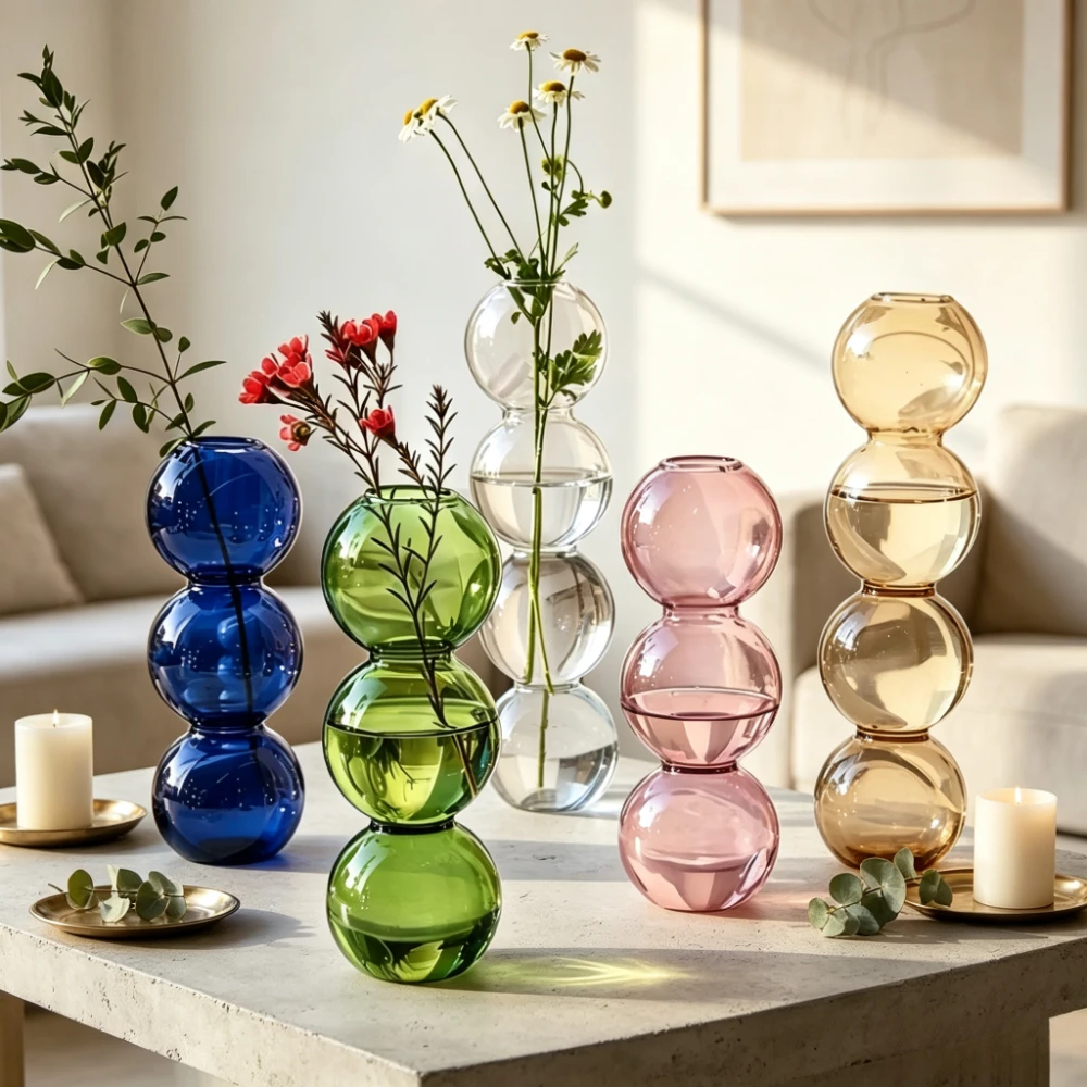 Colorful Stackable Bubble Glass Vase Transparent Hydroponic Flower Vase Modern Home Tabletop Wedding Decoration Ornament