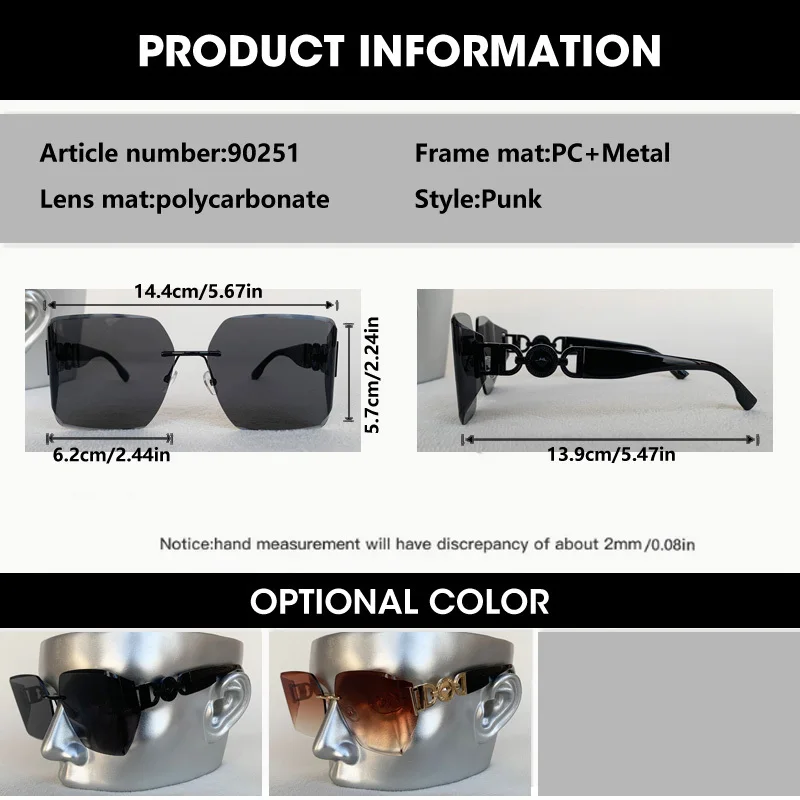 Steampunk Randlose quadratische Sonnenbrille Männer Frauen 2025, Luxusmarke Designer Metall Sonnenbrille Stilvolle gebogene Farbtöne Brillen UV400 – Detail 1