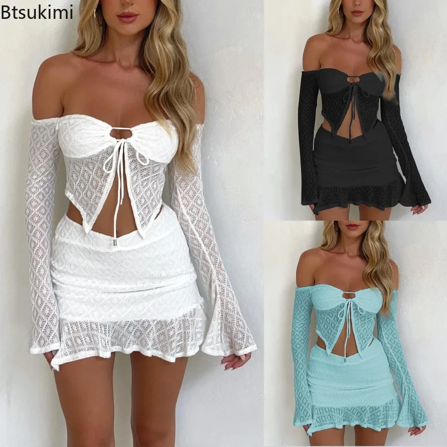 

Новый женский сексуальный комплект из 2 предметов: топ с открытыми плечами и длинными рукавами, асимметричное короткое платье с завязками на груди для модных вечеринок, клубов и уличной моды