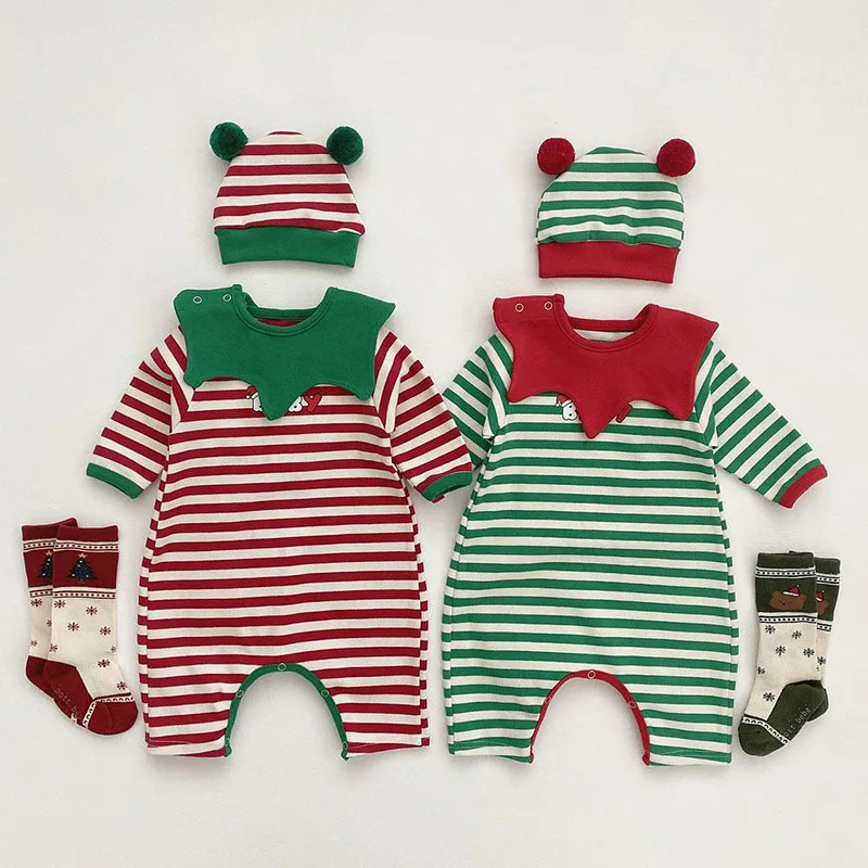 2024 Autumn Newborn Baby Rompers New Infant Striped Long Sleeve Jumpsuit Infant Girls Christmas Day Gift Clothes 3 PCS Set