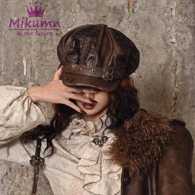 

Original Gothic Vintage Steampunk Rivet PU Leather Beret Painter Hat Y2k Grunge Women Autumn Winter Chic Streetwear Newsboy Cap