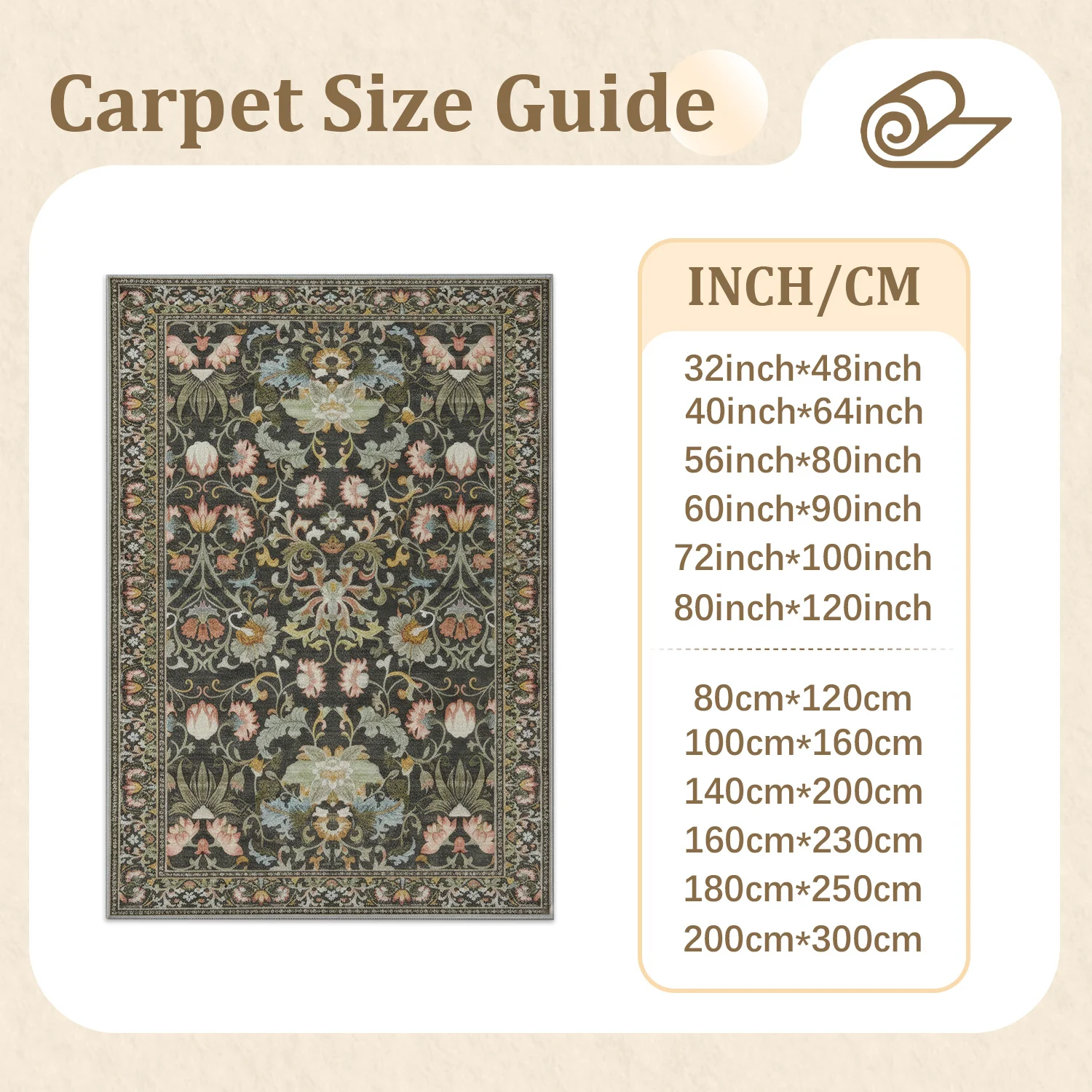 Large Indoor Area Rug, Soft Velvet Low Pile Rug with Non-slip Dotted Backing, Machine Washable Vintage Ornate Floral Area Rug for Living Room Bedroom, Dark Charcoal Base with Blush Sage Flower Motif