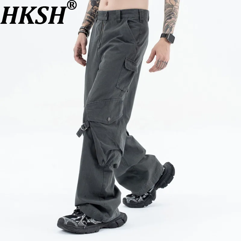 HKSH خريف شتاء جديد الرجال فاسق غسلها جيوب الرجعية الرباط السراويل Ins مستقيم عادية سفاري نمط واسعة الساق وزرة HK14472