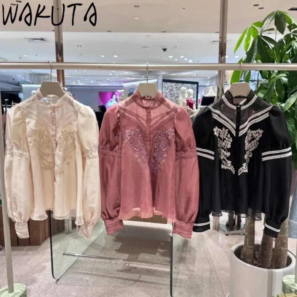 Wakuta Sweet Stand Collar Puff Sleeve Chiffon Shirt Lace Voile Elegant Embroidery Blouses Japan Moda Patchwork Casual Blusas