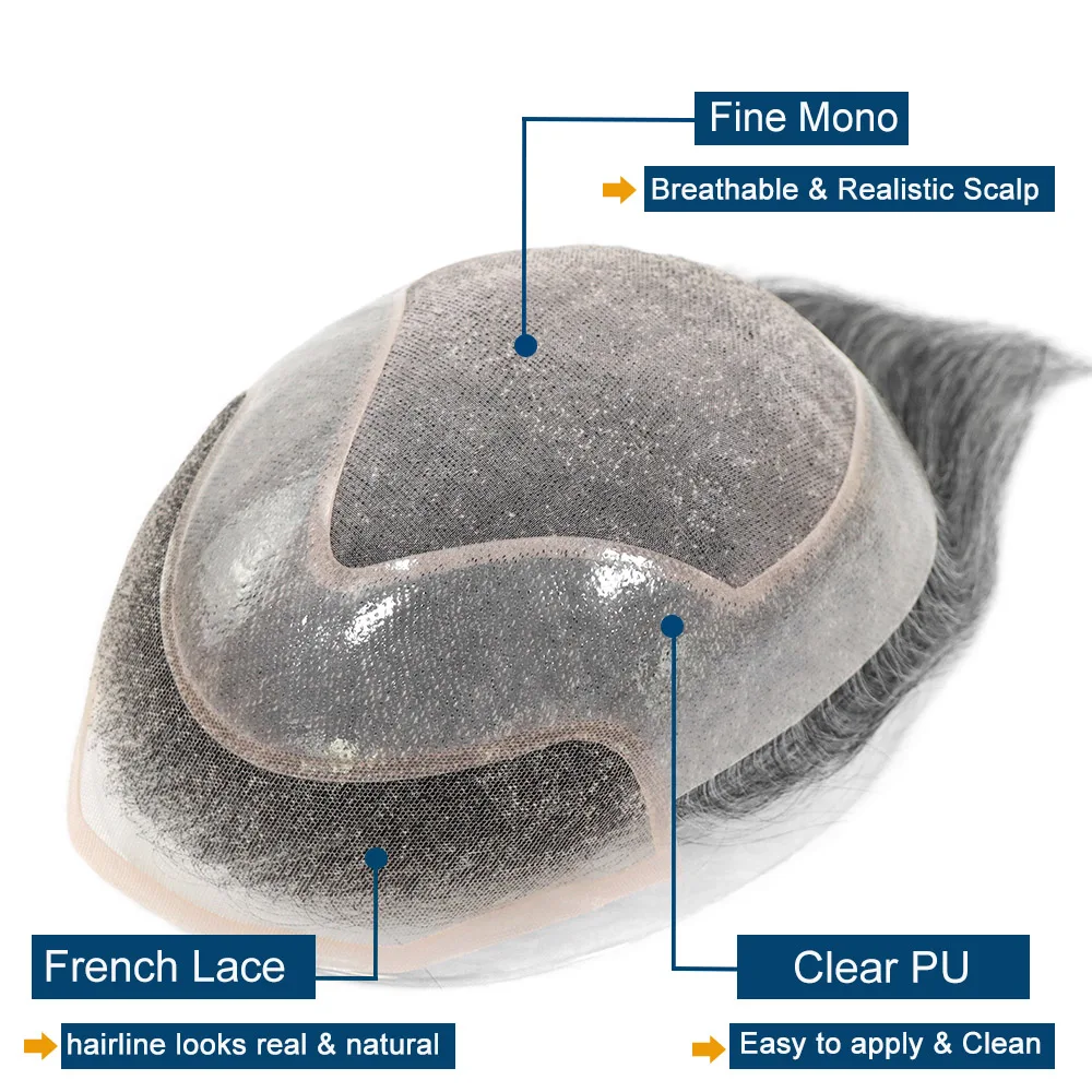 Grey Men's Toupee Lace Front Hair Replacement System Human Hair Prosthesis Back Style Breathable Mono PU Male Wig Hairpiece