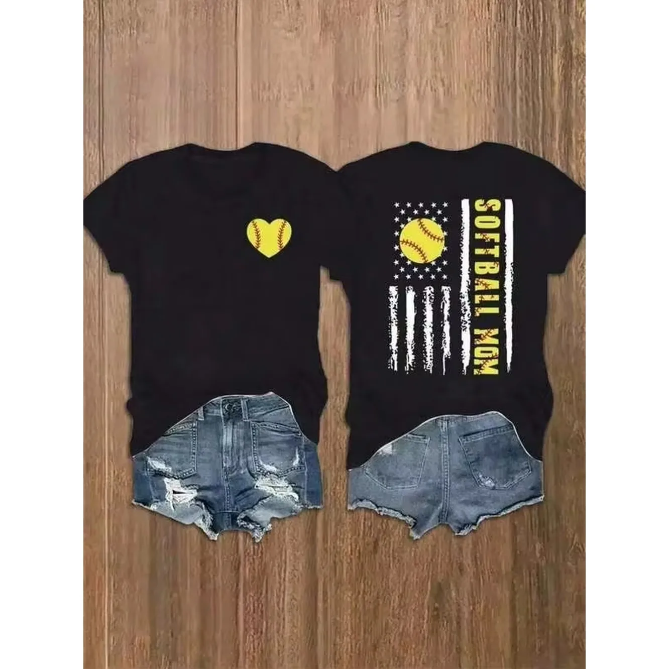 Women's Softball Mom Graphic T-Shirt - Dual-Sided Print With American Flag & Heart Design, 100% Cotton Loose Fit Casual Short Sleeve Top For Spring Su