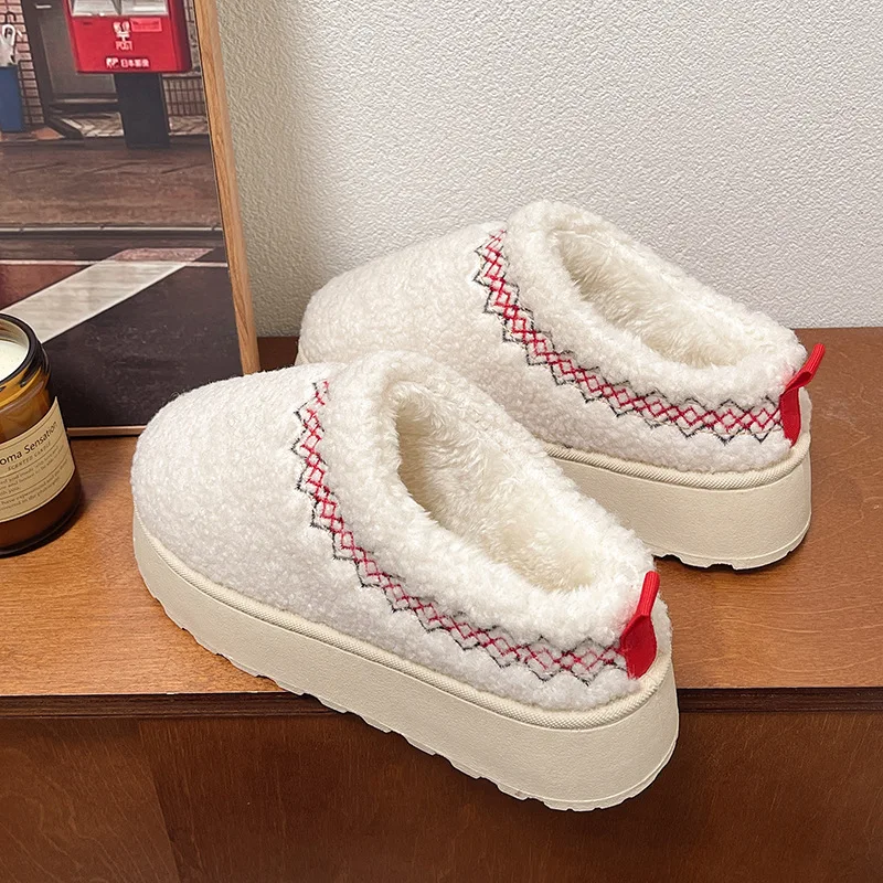 Winter Women Mini Snow Boots Short  Ankle Slippers Indoor Cozy Fleece Lined Thick Sole Fuzzy Non-Slip House Cotton Shoes