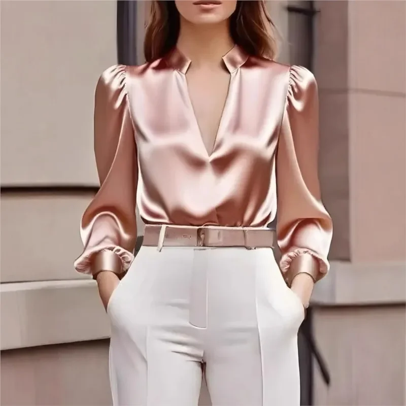 Elegant Puff Sleeve V-Neck Satin Blouse Women 2026 New French Style Solid Formal Office Shirt Top for Ladies Women Clothing