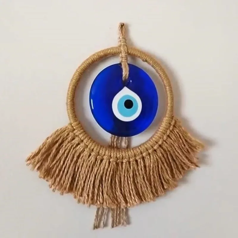 Handmade Turkish Blue Eye Hanging Decoration Woven Round Hoop Evil Eye Pendant European and American Style Blue Glass Ornament