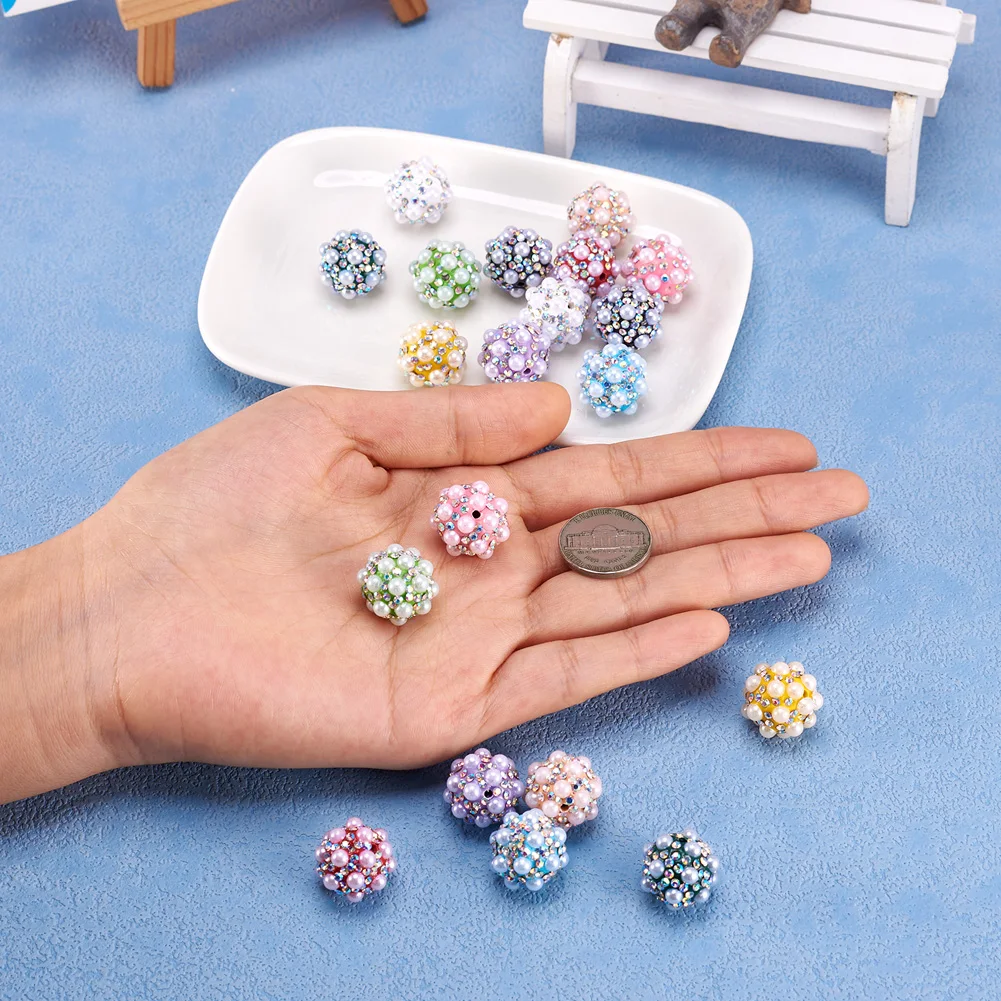 20Pcs 17mm Polymer Clay Rhinestone Round Beads Ball Spacer Beads with Imitation Pearl for jewelry making DIY bracele necklace