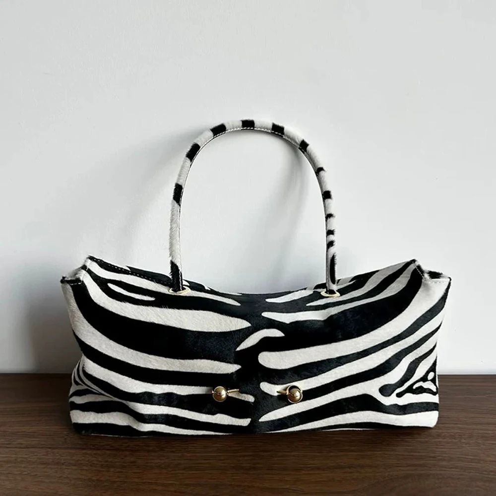 SHELKSBAG New Zebra Print Vintage Tote Bag Women Large Capacity Soft Top Handle Handbag Gold Ball Snap Underarm Shoulder Bag