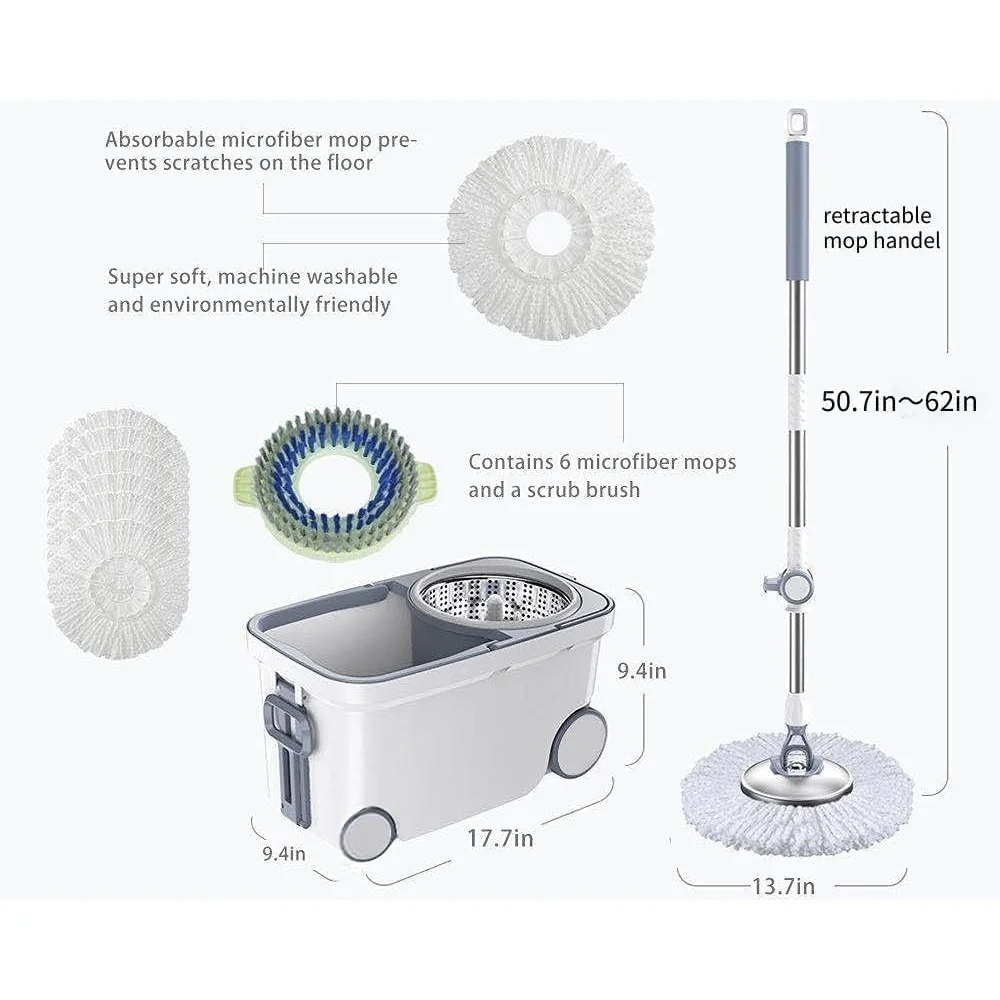 Deluxe 360 Spin Mop Bucket System with 6 Microfiber Replacement Heads 62in Adjusted Handle Durable Stainless Steel Design Easy