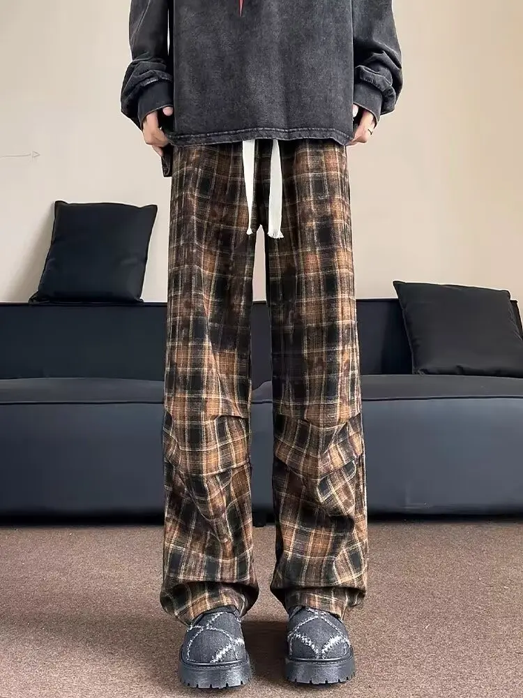 

Мужские повседневные широкие брюки в клетку в американском стиле ретро, весенне-осенние новые подростковые брюки для отдыха High Sensation