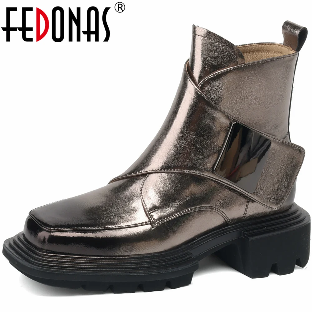 

FEDONAS Fashion Women Ankle Boots Genuine Leather Metal Decoration Shoes Woman Thick Heels 2023 Autumn Winter Basic Office Lady