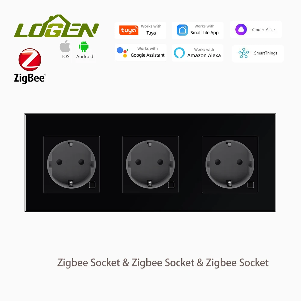 LOGEN  Smart Socket USB Type-c Socket Zgibee EU Glass Crystal Panel Three sockets arranged side by side Need Neutral Wire