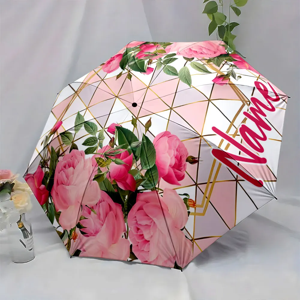 Custom Name Floral Elegance Umbrella with Pink Rose Patterns Print 8 Iron Ribs Folding Umbrella, Auto-Open Fashion Sunshade