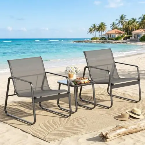 Patio Chairs Set of 2, 3 Piece Patio Furniture Set, Bistro Sets,with Textilene Fabric, Metal Frame Coffee Table