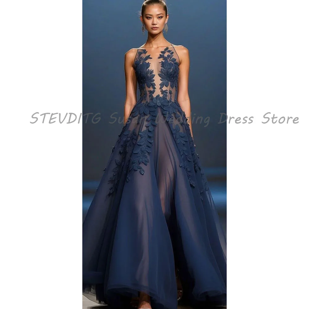

Navy Evening Dresses Perspective High Quality Sleeveless Alliques Floor Length Sweep Train A Line Female Gowns Elegant Flowers