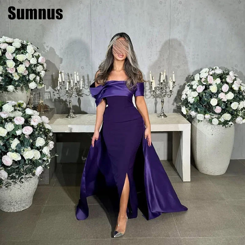 

SUMNUS Formal Purple Satin Evening Gowns Mermaid Off The Shoulder Party Dresses Floor-Length Prom Dress With Train Customized