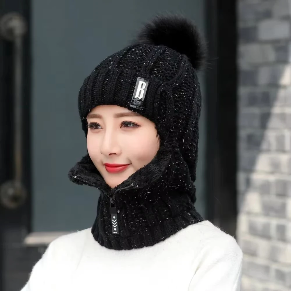 Casual Windproof Wool Knitted Hat Neck Warmer Thickened Ear Protection Hat Keep Warm Pompoms Hat for Women