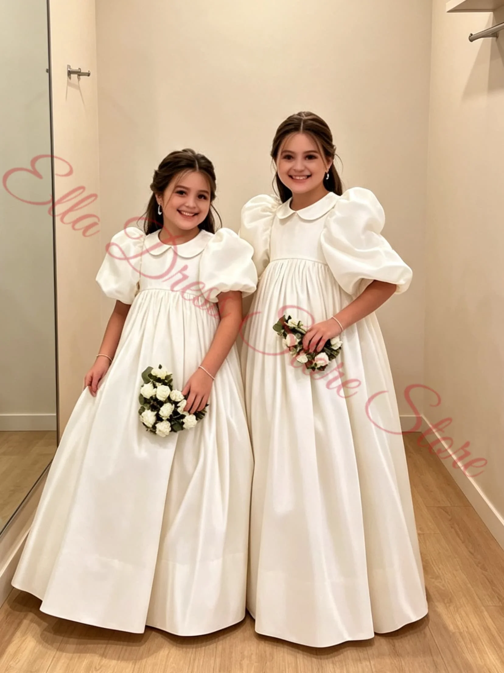 Elegantes Mädchenkleid Blumenmädchenkleider für Hochzeiten Satin Bodenlang Flauschiges Prinzessinnen-Abendkleid Ballkleid Maßgeschneidert Großhandel – Detail 3