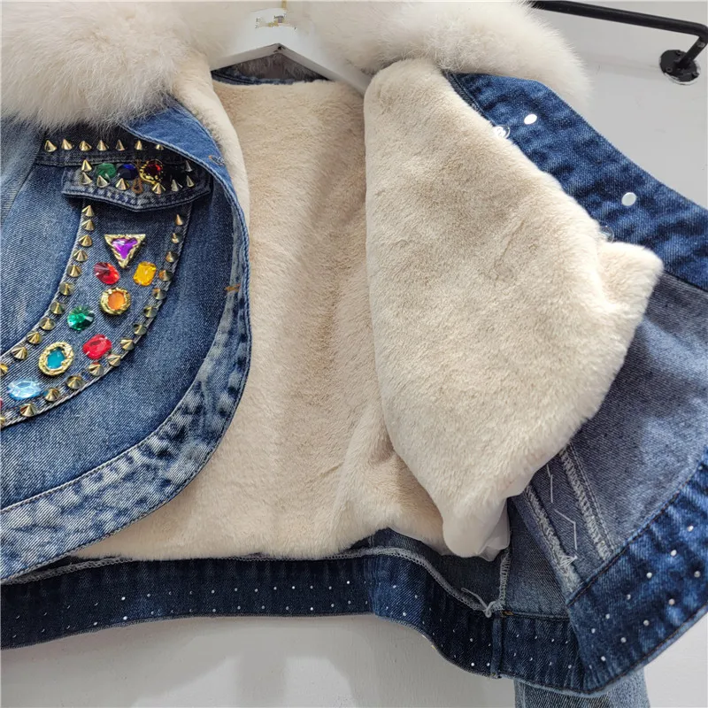 Faux Fur Winter Denim Jacket Women 2024 New Thickened Cotton-padded Clothes Korean Version Colored Crystal Short Parka Jacket