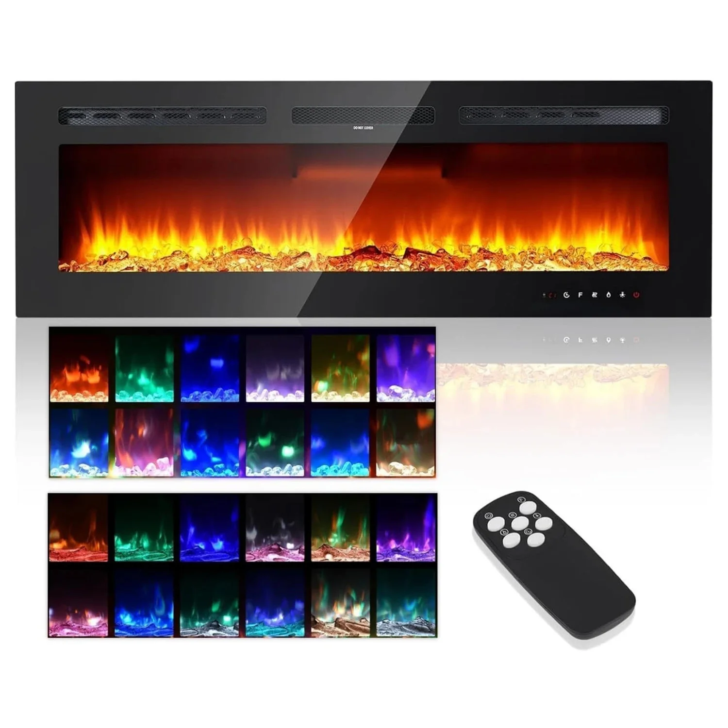 Stufa elettrica da parete ultra sottile, 22V/1800W, con fiamma 3D a 12 colori, vetro temperato, controllo touch e telecomando, timer e termostato – Stufa da interno per l'inverno.