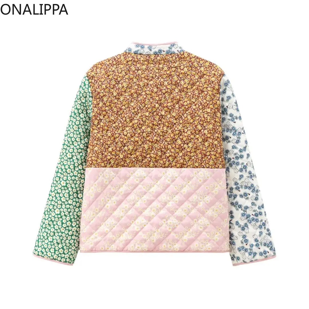 Onalippa Contrast Patchwork Floral Quilted Coat Women All Match Stand Collar Winter Clothes High Street Chic Design Jackets