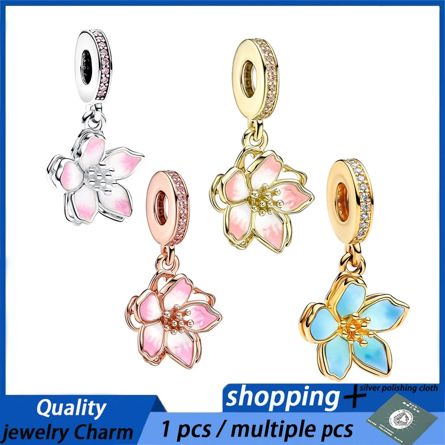 

Аутентичные стерлингового серебра 925 пробы, розовые, синие и розовые золотые висячие бусины с вишневым цветком, подходят для оригинальных женских браслетов, ювелирных изделий