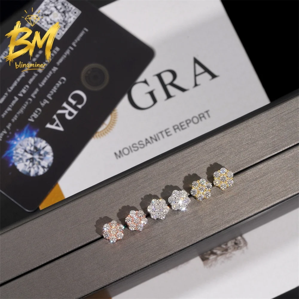 Blingminer Hot Sale Flower 8mm VVS Moissanite Earrings For Men Women S925 Silver Ear Studs Jewelry Pass Diamonds Tester GRA